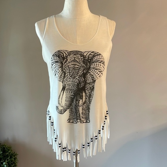 Elephant print women’s tank top beaded fringe V hemline / sliced back trendy SM - Picture 1 of 8